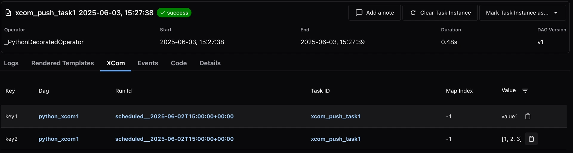 xcom_push_task1 > XCom 목록