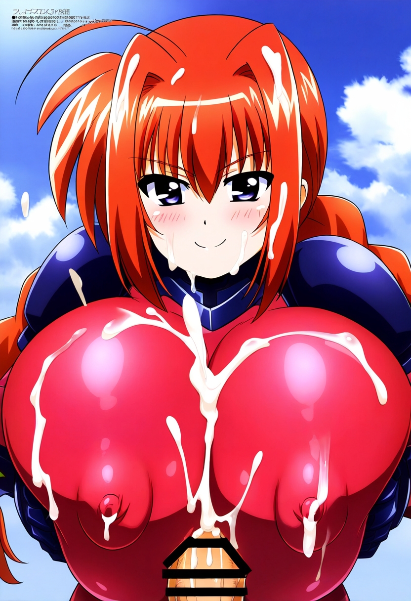 ヴィータズリ by ななな with ai art, Mahou Shoujo Lyrical Nanoha StrikerS, vita, huge breasts, tight bodysuit, paizuri, clothed paizuri