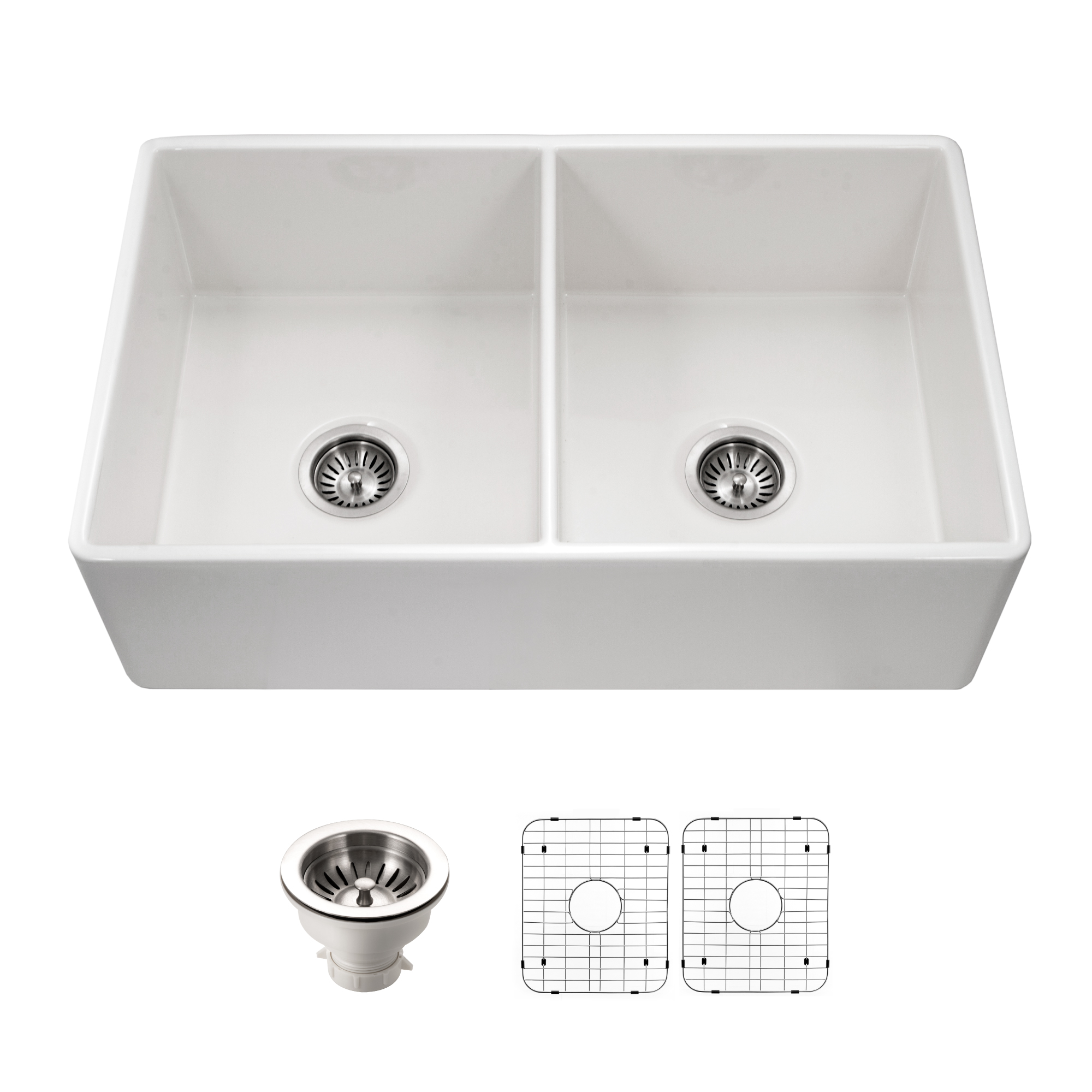 Houzer 33" Fireclay 50/50 Double Bowl Farmhouse Kitchen Sink, White, Platus Series, PTD-4400 WH