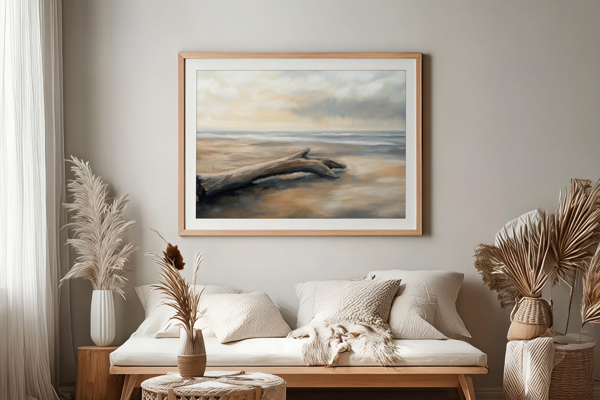 Driftwood Shore Solitude coastal printable wall art capturing driftwood on a secluded shoreline