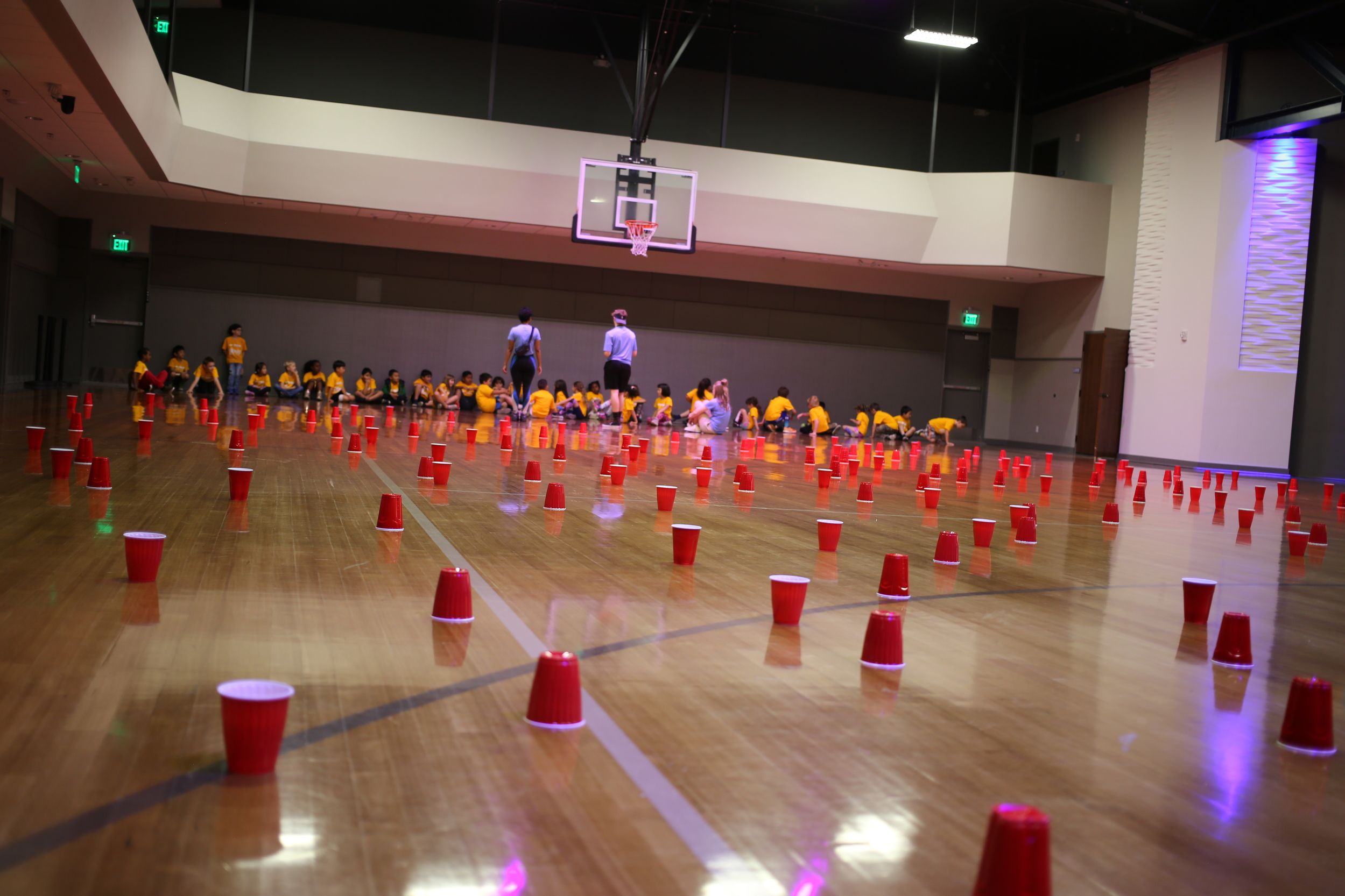 red cups on floor of a gym, cup game, Children's ministry