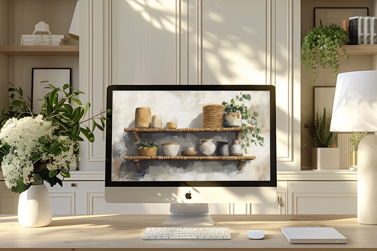 Rattan Shelving Serenity Boho Desktop Wallpaper