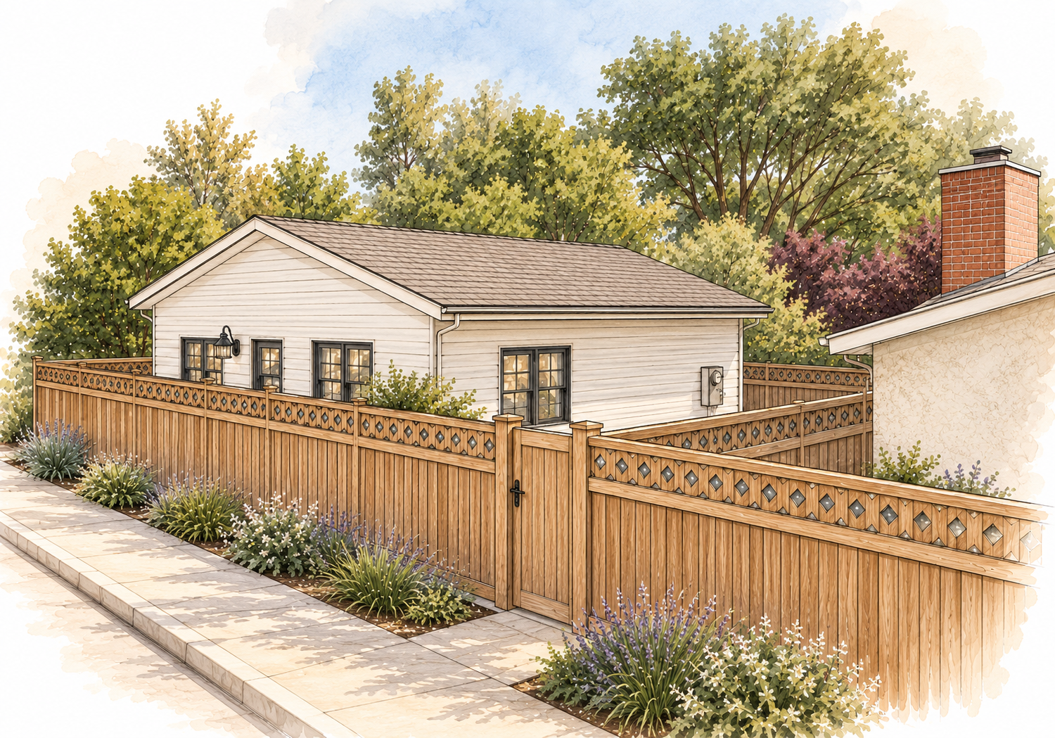 Watercolor of a gable ADU with horizontal siding and black windows, behind a wood fence and gate