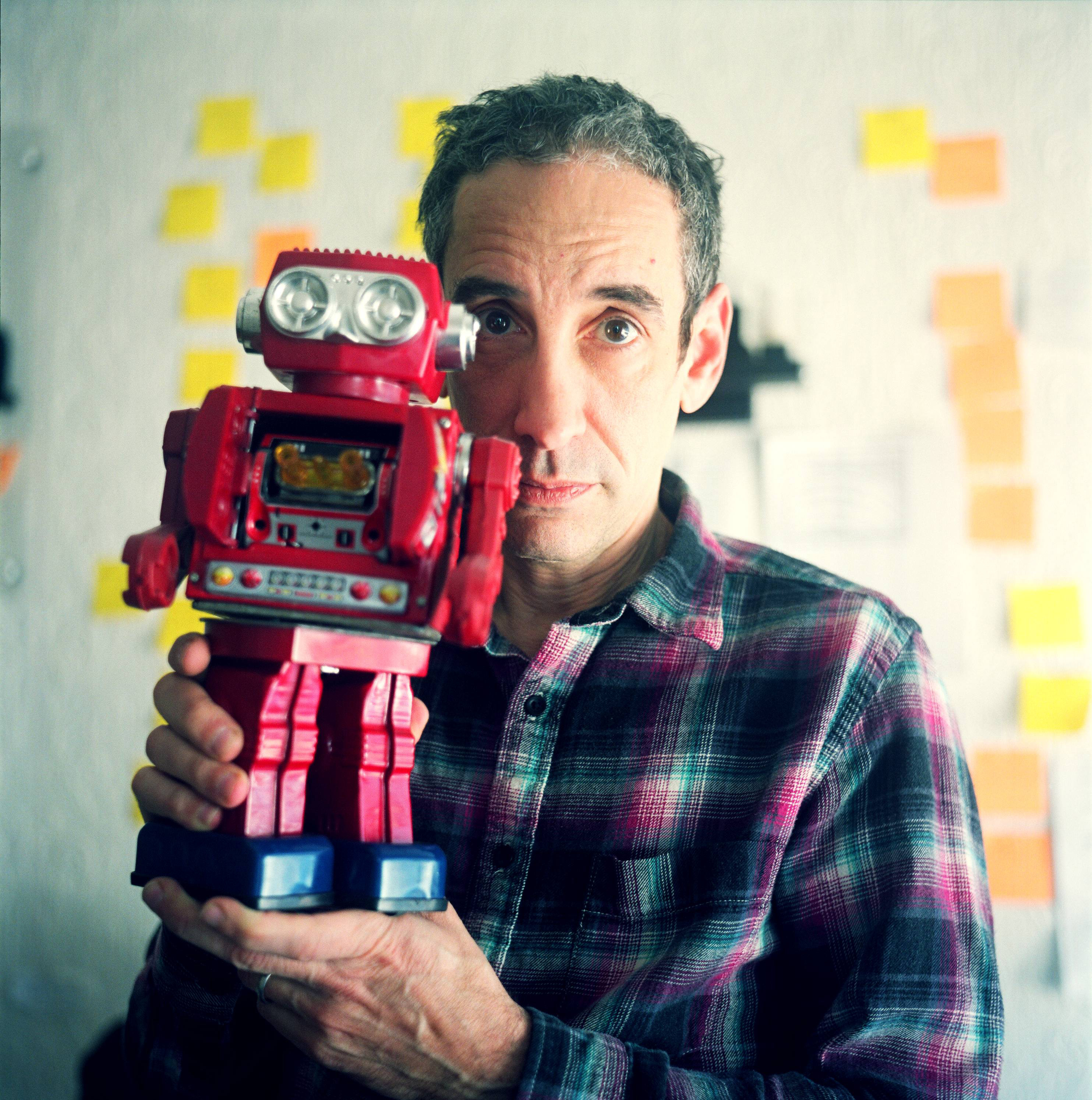 Douglas Rushkoff with robot
