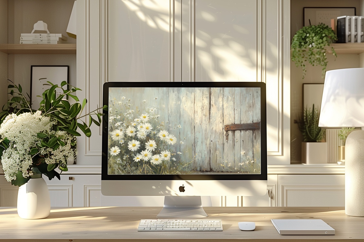 Daisy-Brightened Barn Entry desktop wallpaper with white daisies against a rustic barn door