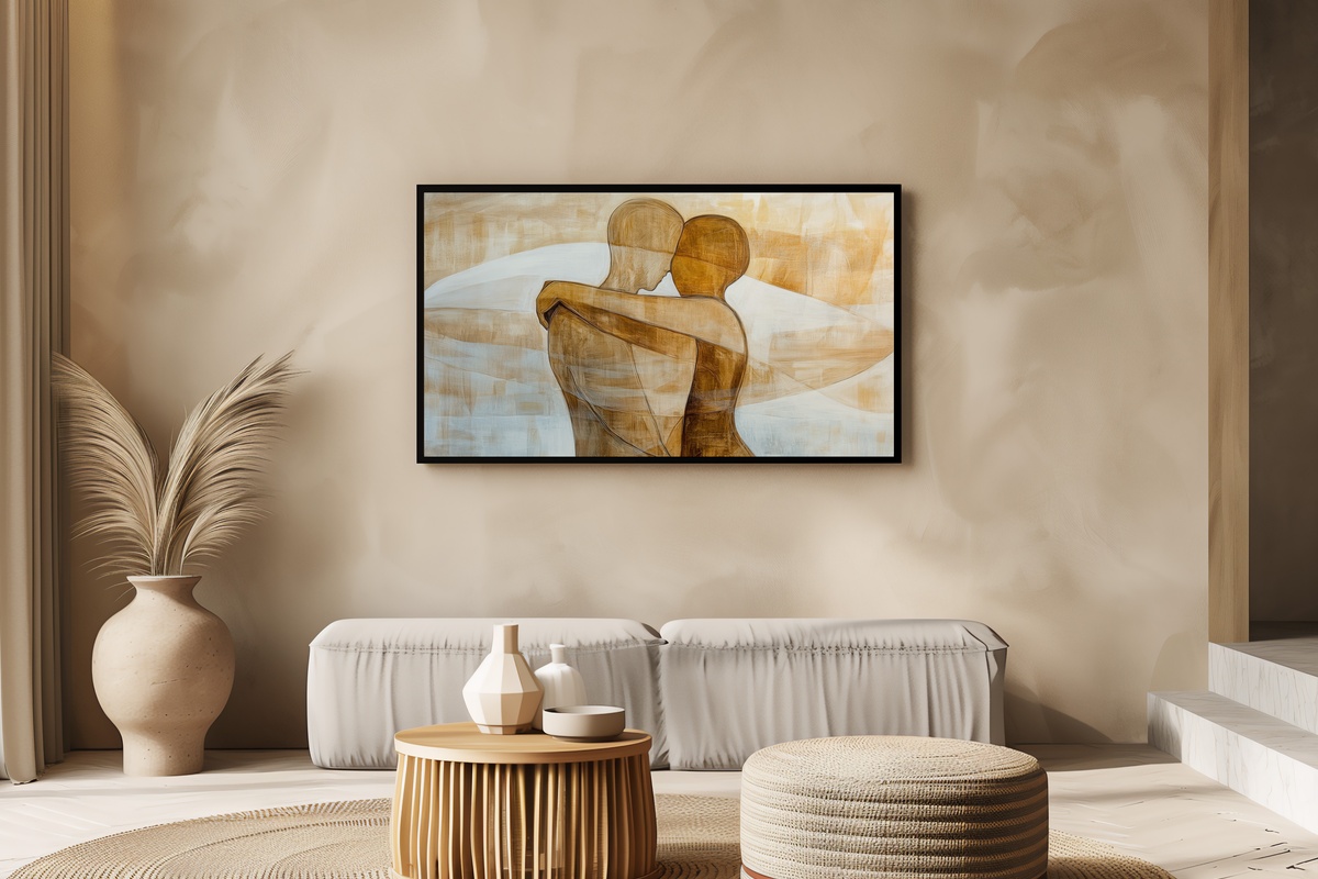 Minimalist Human Harmony Frame TV Art featuring two abstract human forms in an embrace
