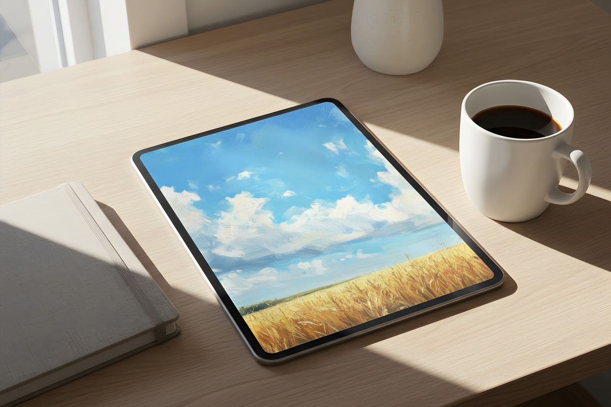 Cornfield Beneath Azure Skies farmhouse iPad wallpaper in warm summer hues