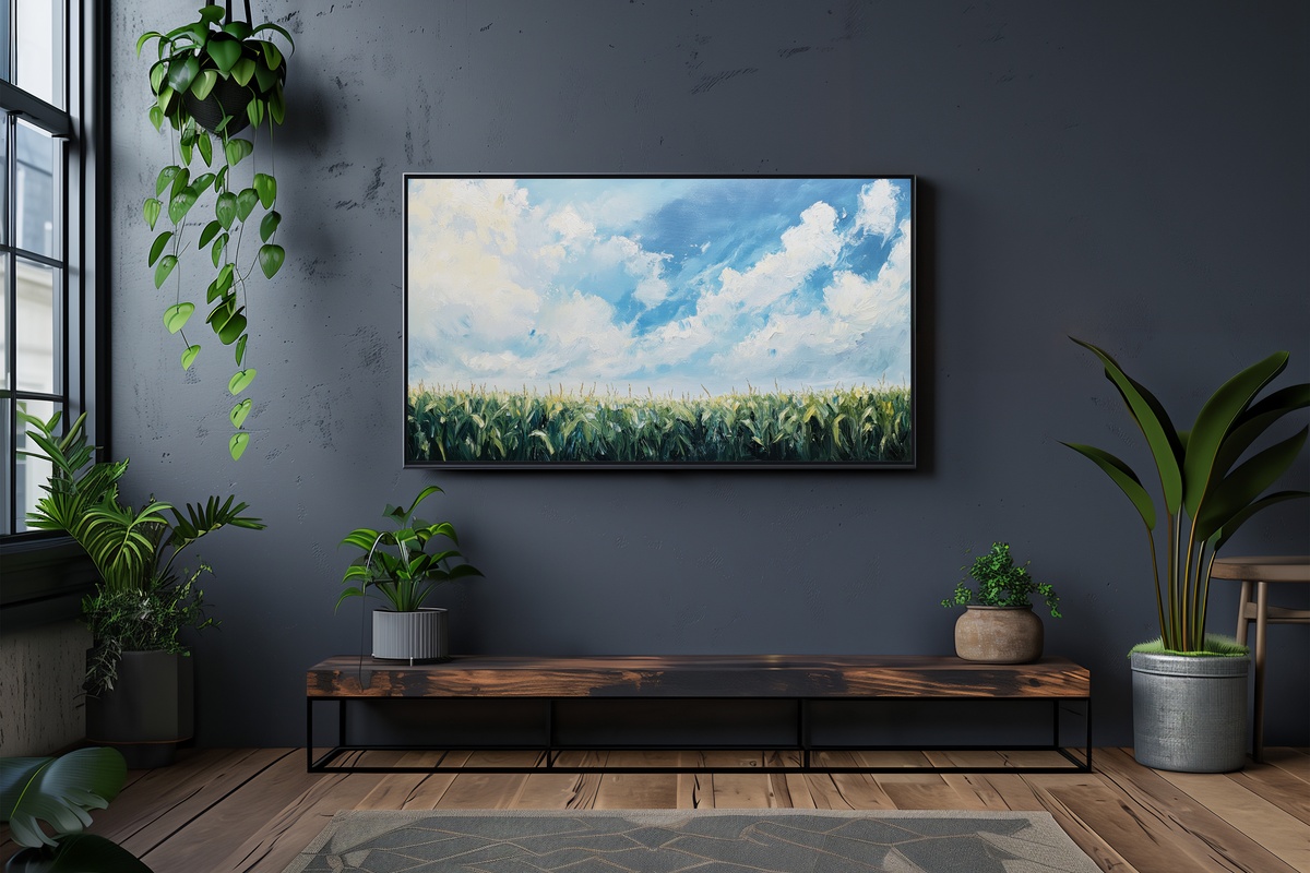 Cornfield in Blue Tranquility Farmhouse Frame TV Art showcasing blue cornfield serenity