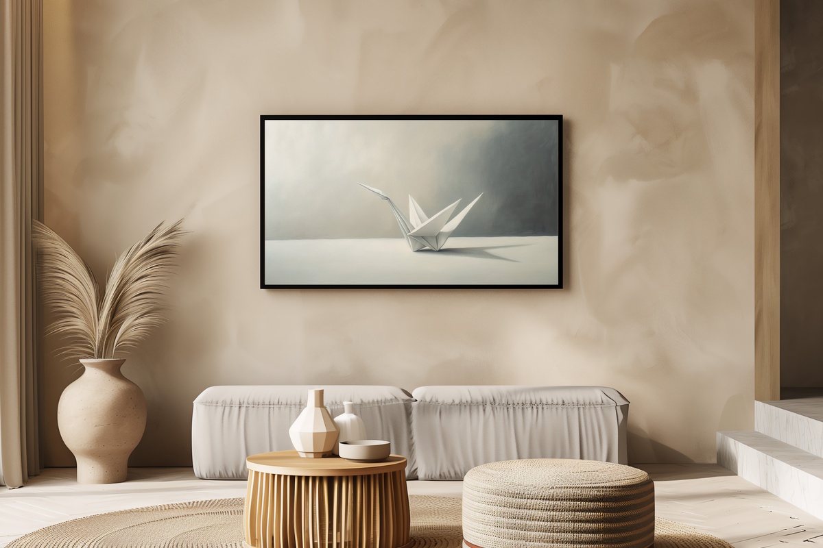 Minimalist Origami Crane Elegance Frame TV Art - an origami crane in precise geometric line on a clean ground