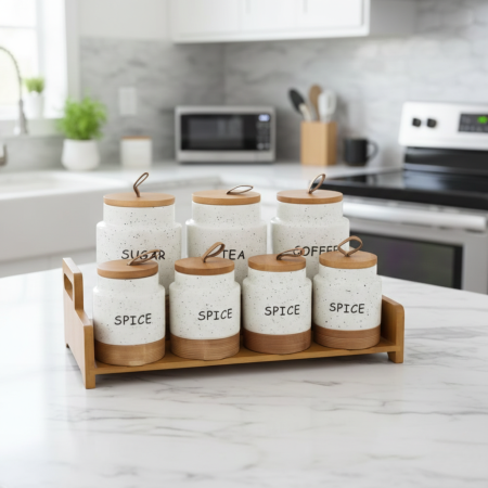 Set especiero con base cerámica/bambú, 36cm - 8 frascos
