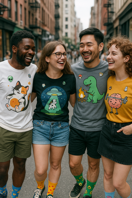 Diverse group wearing stylish funny graphic T-shirts in urban setting