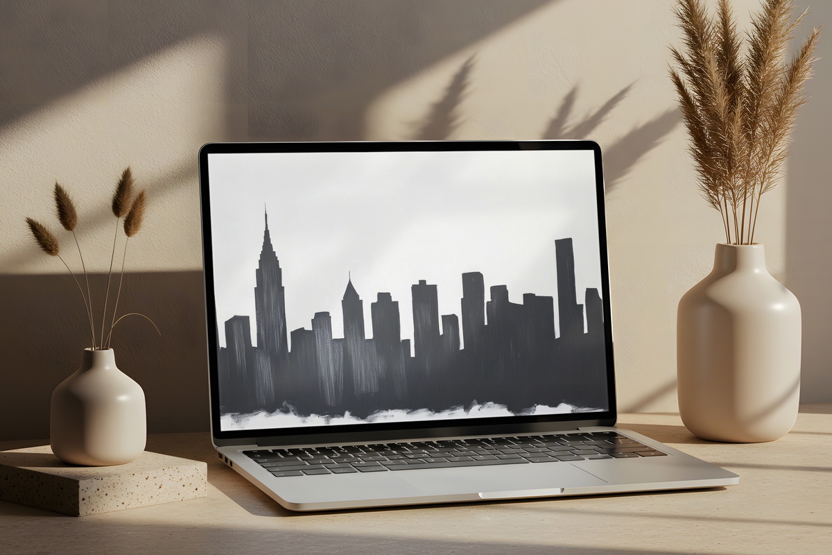 Dynamic City Silhouette black and white laptop wallpaper with bold urban skyline shapes