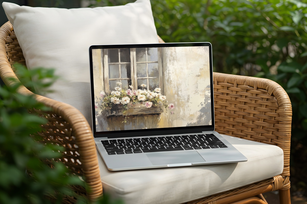 Blooming Farmhouse Window View desktop wallpaper with flowering blooms framing a rustic farmhouse window