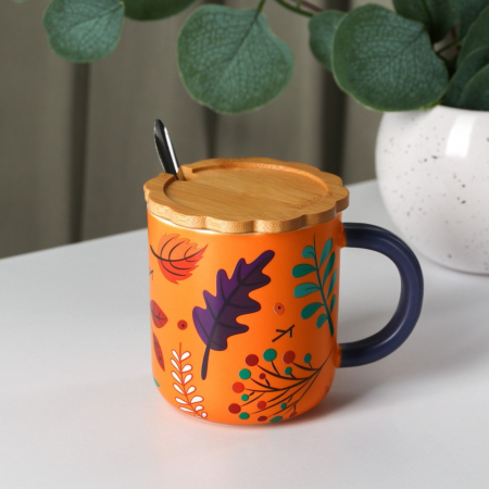 Taza con tapa y cuchara cerámica, 350ml