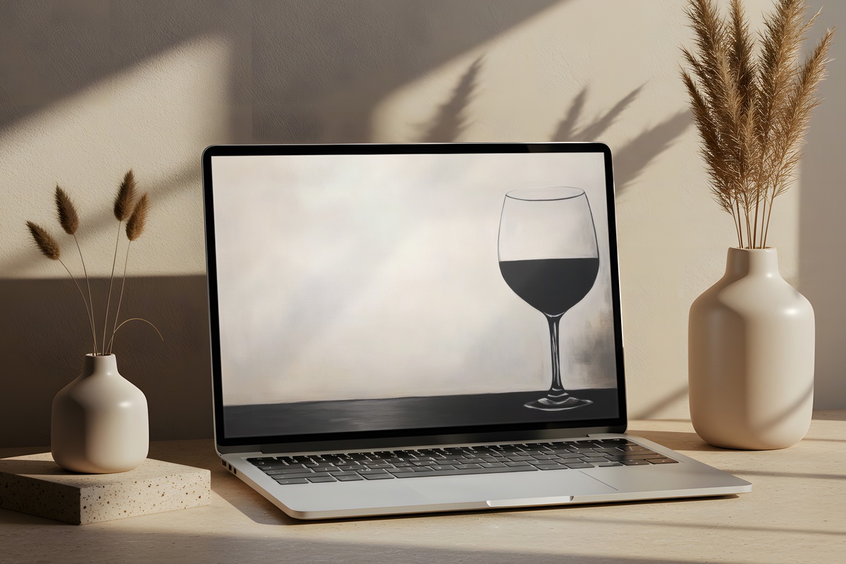 Refined Wine Whisper minimalist desktop wallpaper featuring an elegant wine glass in line art