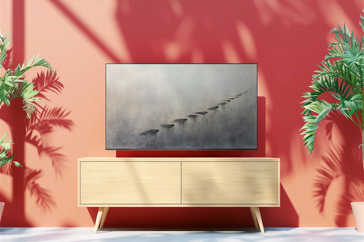 Minimalist Paths of Footprints Frame TV Art - a trail of footprints rendered as a minimal journey across a clean field