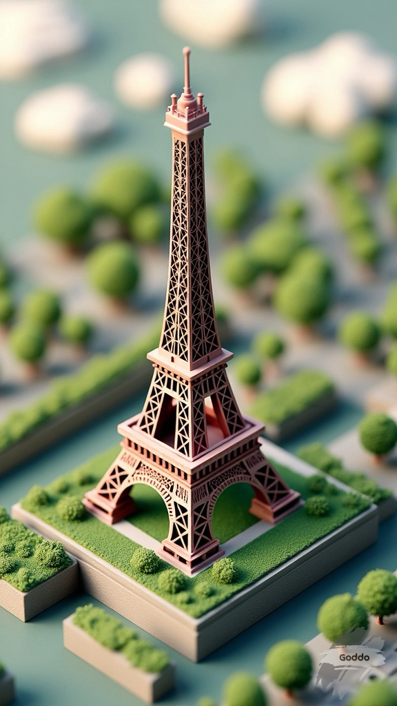Simplified Isometric diorama miniature of famous Tour Eiffel, delimited isometric base