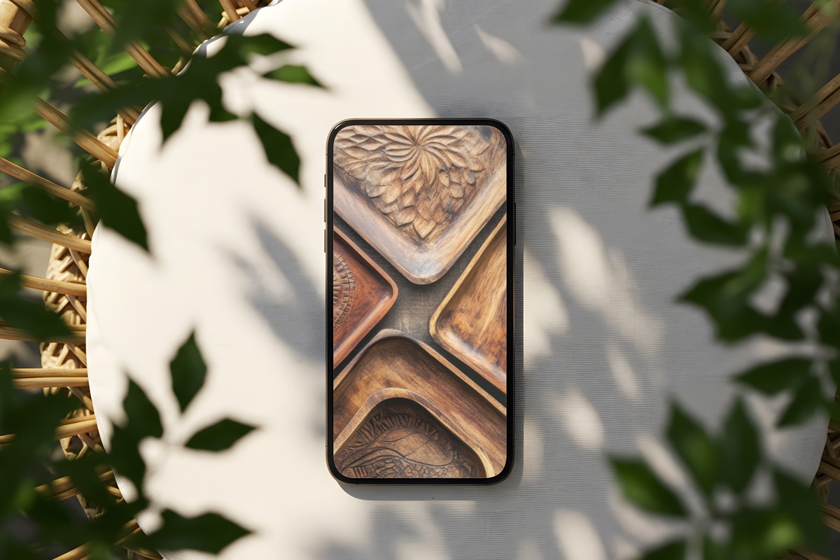Wooden Tray Harmony boho iPhone wallpaper with rich earthy tones