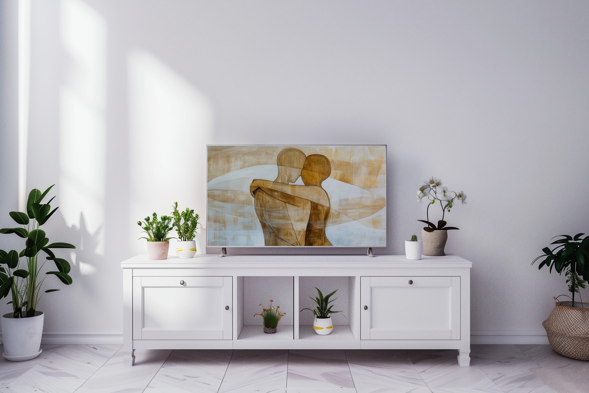Minimalist Human Harmony Frame TV Art - two figures in an embrace rendered in minimal line art