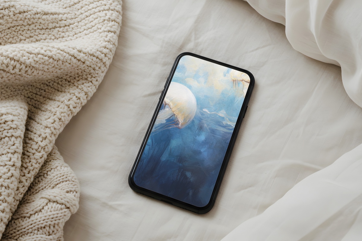 Jellyfish Serenade in Blue coastal iPhone wallpaper with cream and deep blue tones