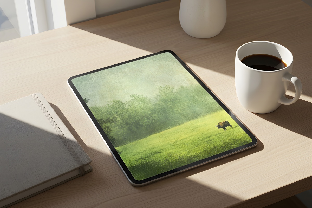 Tranquil Pasture with Grazing Cows Farmhouse iPad Wallpaper in soft pastels