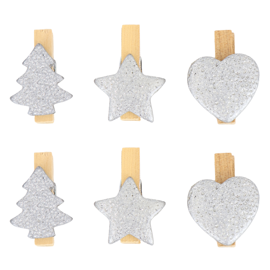 Set de 6 ganchos navideños gris, 3.5cm, madera/cerámica