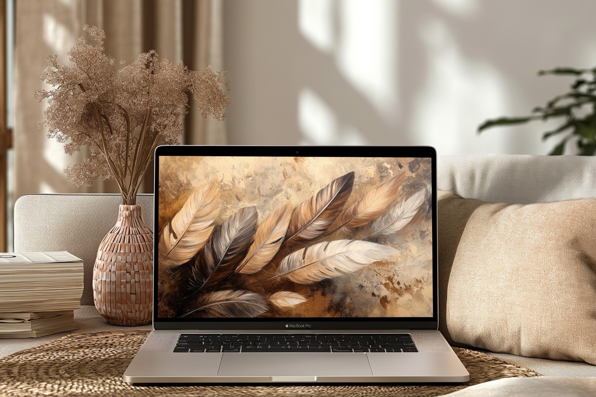 Earthy Feather Elegance Boho Desktop Wallpaper