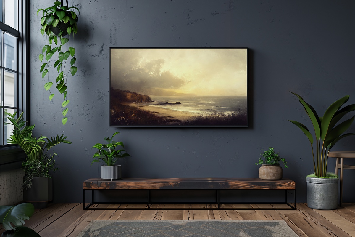 Shoreline Evening Elegance Frame TV Art capturing the soft glow of an evening coastal scene