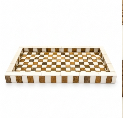 Handcrafted Mosaic Wooden Serving Tray with Ivory Inlay