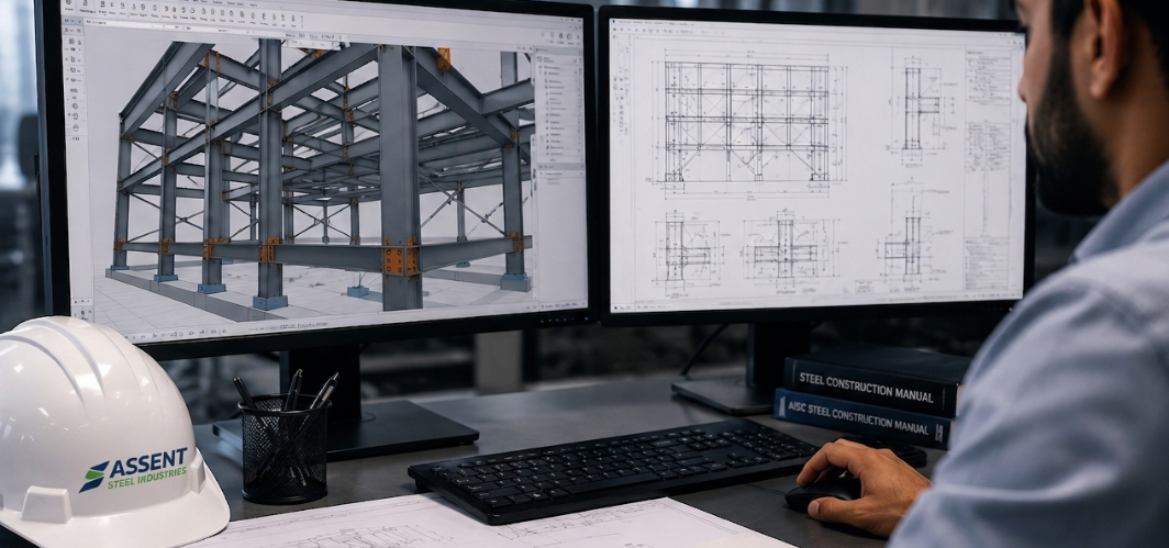 Untitled design (13).png Structural engineer at a dual-monitor workstation reviewing 3D BIM models and 2D technical drawings for a steel structure.