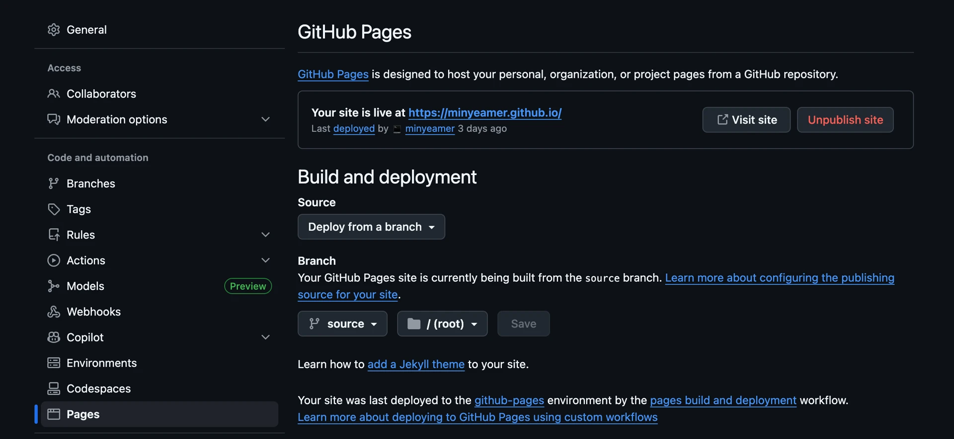 Github Pages 설정 화면