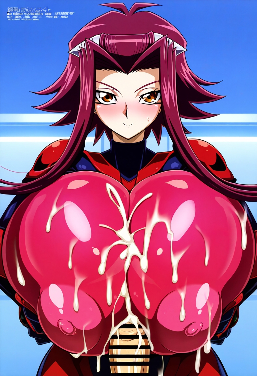 アキさんズリ by ななな with ai art, aki izayoi, huge breasts, tight bodysuit, paizuri, clothed paizuri