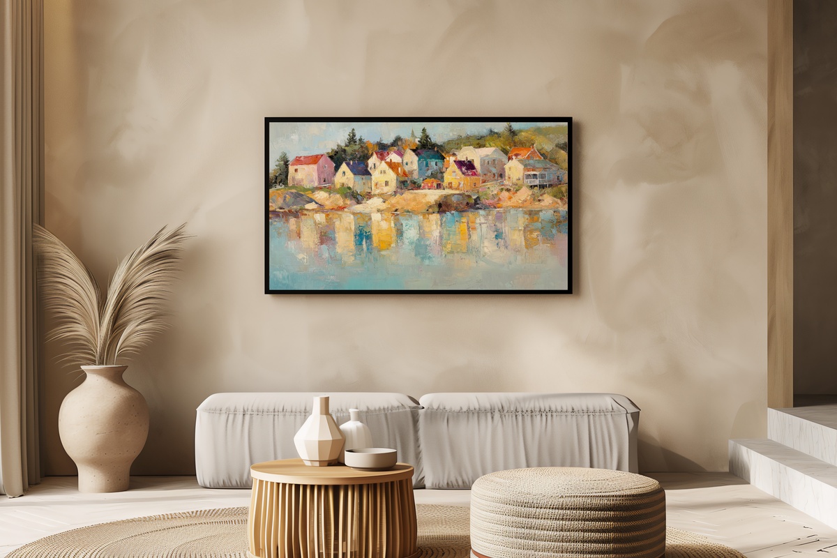Impressionist Village Harmony coastal Frame TV art featuring a seaside village in vibrant brushstrokes