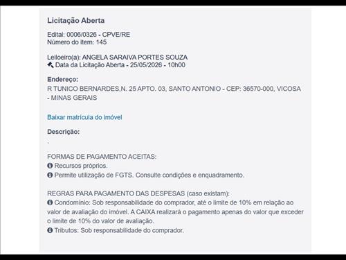 R TUNICO BERNARDES N. 25 Apto. 03, SANTO ANTONIO - VICOSA/ MG