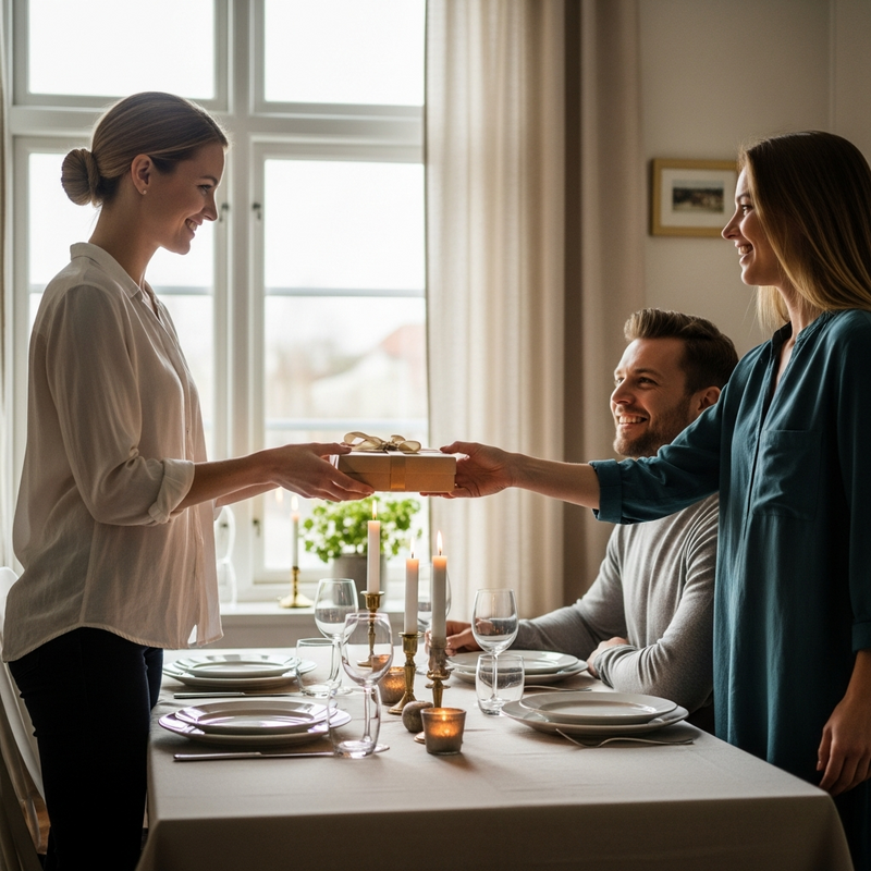 Kvinne gir innpakket vertinnegave til vertskapet ved inngangen til et hyggelig middagsselskap Kvinne gir innpakket vertinnegave til vertskapet ved inngangen til et hyggelig middagsselskap