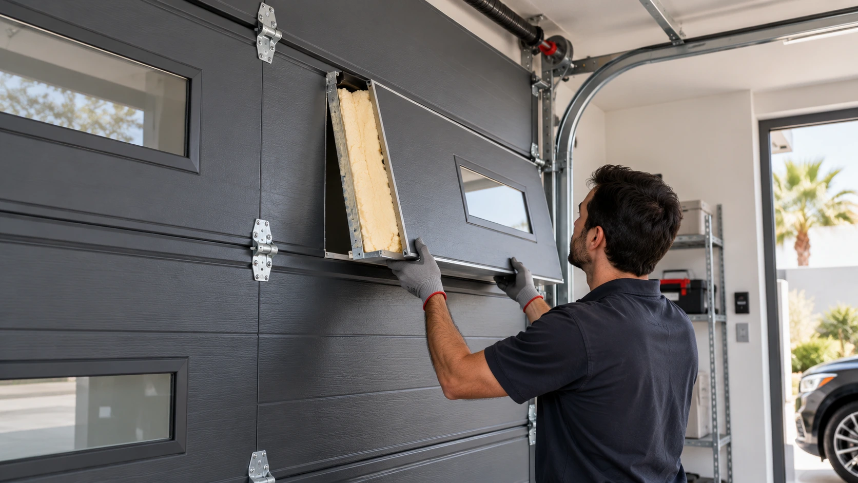 Garage Door Panel Repair in Progress.webp Cross-section of an insulated garage door panel showing polyurethane foam core, steel skins and EPDM seals