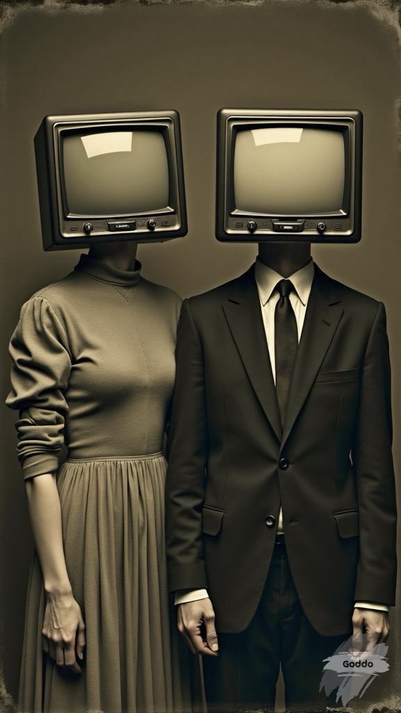 surreal conceptual portrait, Subject Focus: two figures, men and woman with vintage television sets for heads, Art Style: dark sepia tone, reminiscent of old photographs, Mood: eerie and thought-provoking, blending the everyday with the bizarre