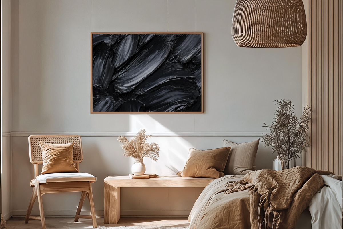 Charcoal Flow Dynamics abstract printable wall art with bold black and gray brushstrokes