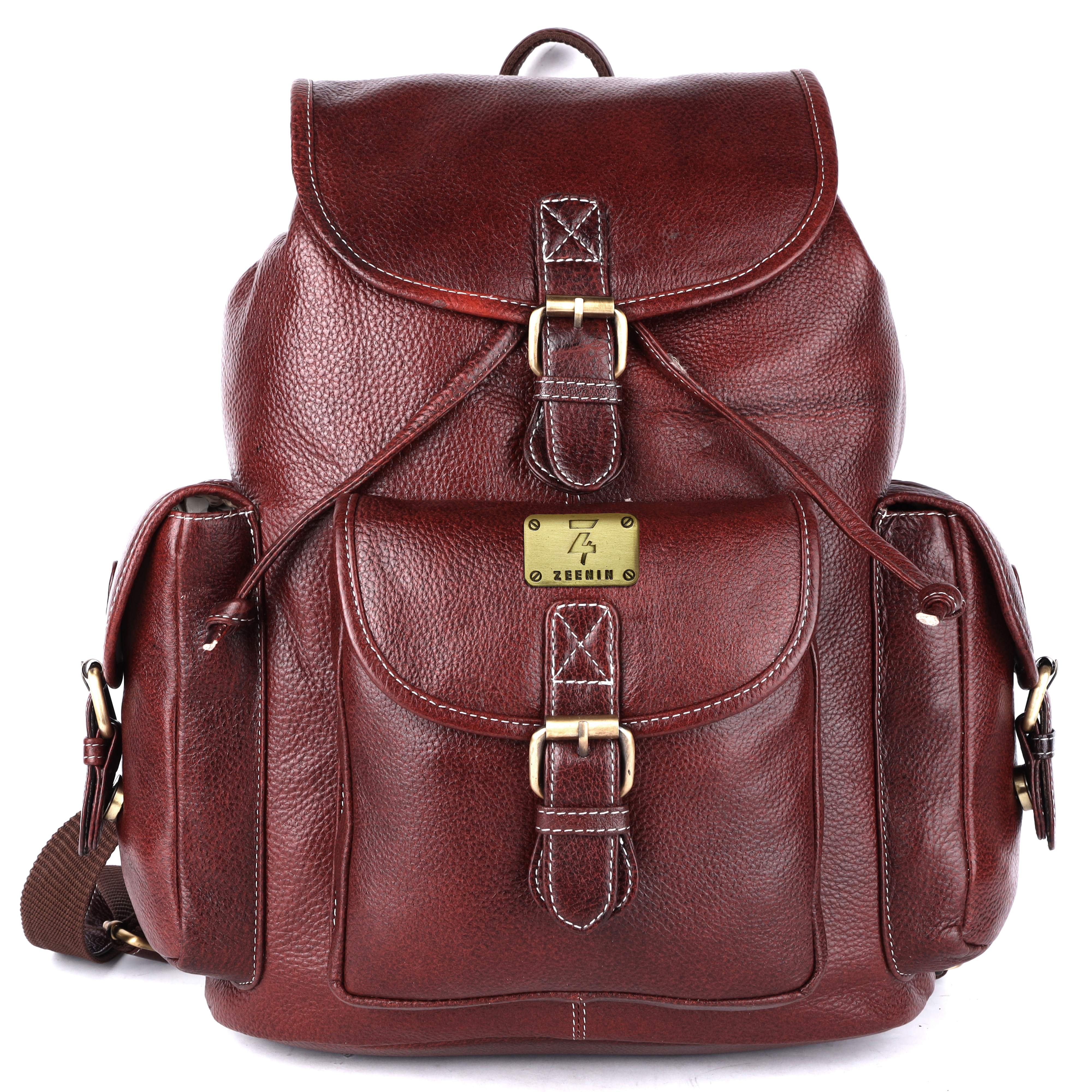 Zeenin Pure Genuine Leather Spacious 14.5 inch Backpack Daypack Rucksack Casual Office Bag |Travel Business Daily Use| Brass Buckles Flip Pockets | Brown