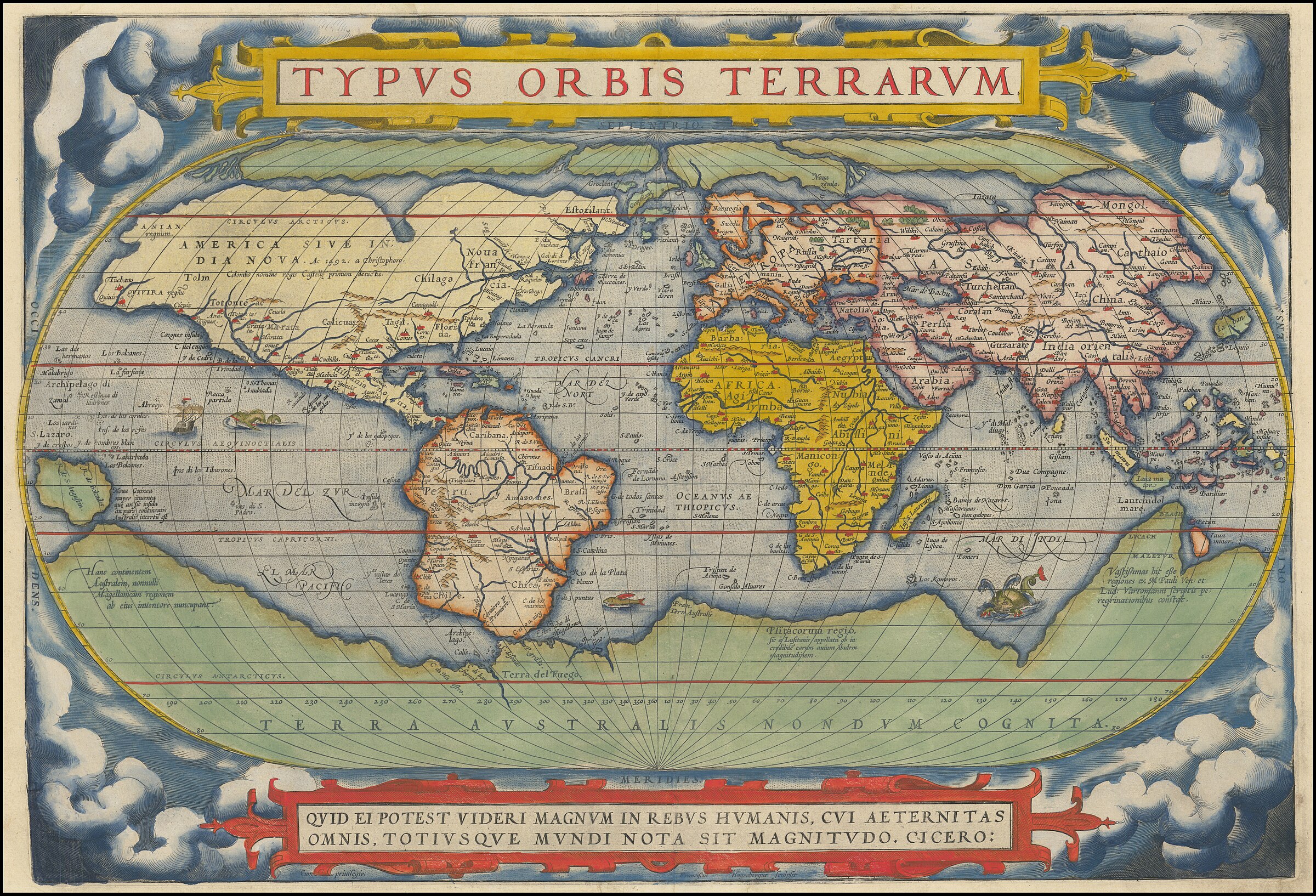 Abraham Ortelius, Theatrum Orbis Terrarum (world map), 1572. Widely considered the first modern atlas.