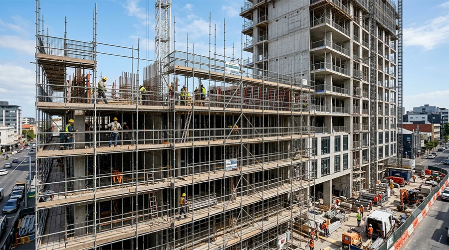 Multi-level scaffolding system installed around a multi-storey building under construction, with workers on elevated platforms at a UAE construction site.