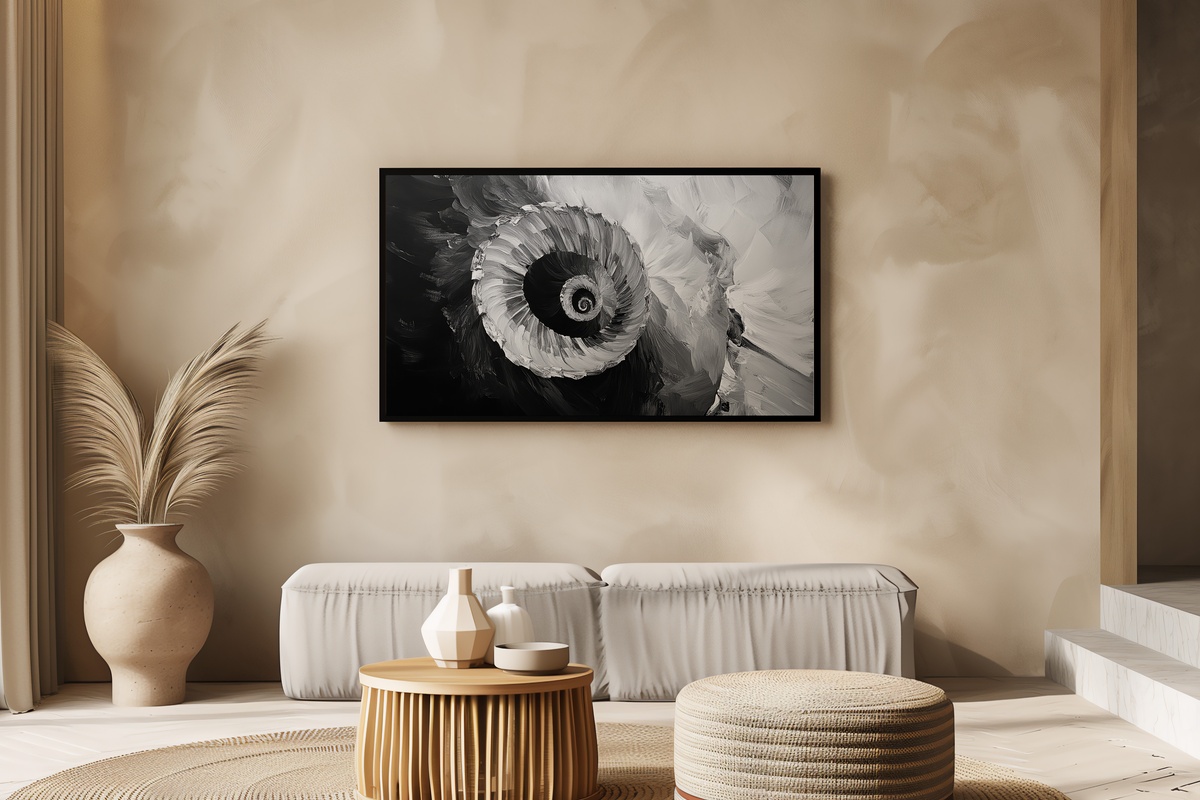 Intrigue of Spiral Elegance Black and White Frame TV Art