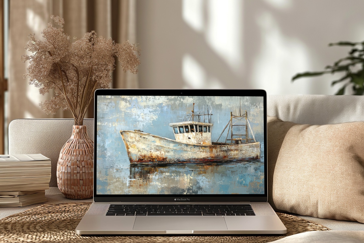Soft Hue Fishing Serenity coastal desktop wallpaper with a fishing boat in muted lavender and pearl tones