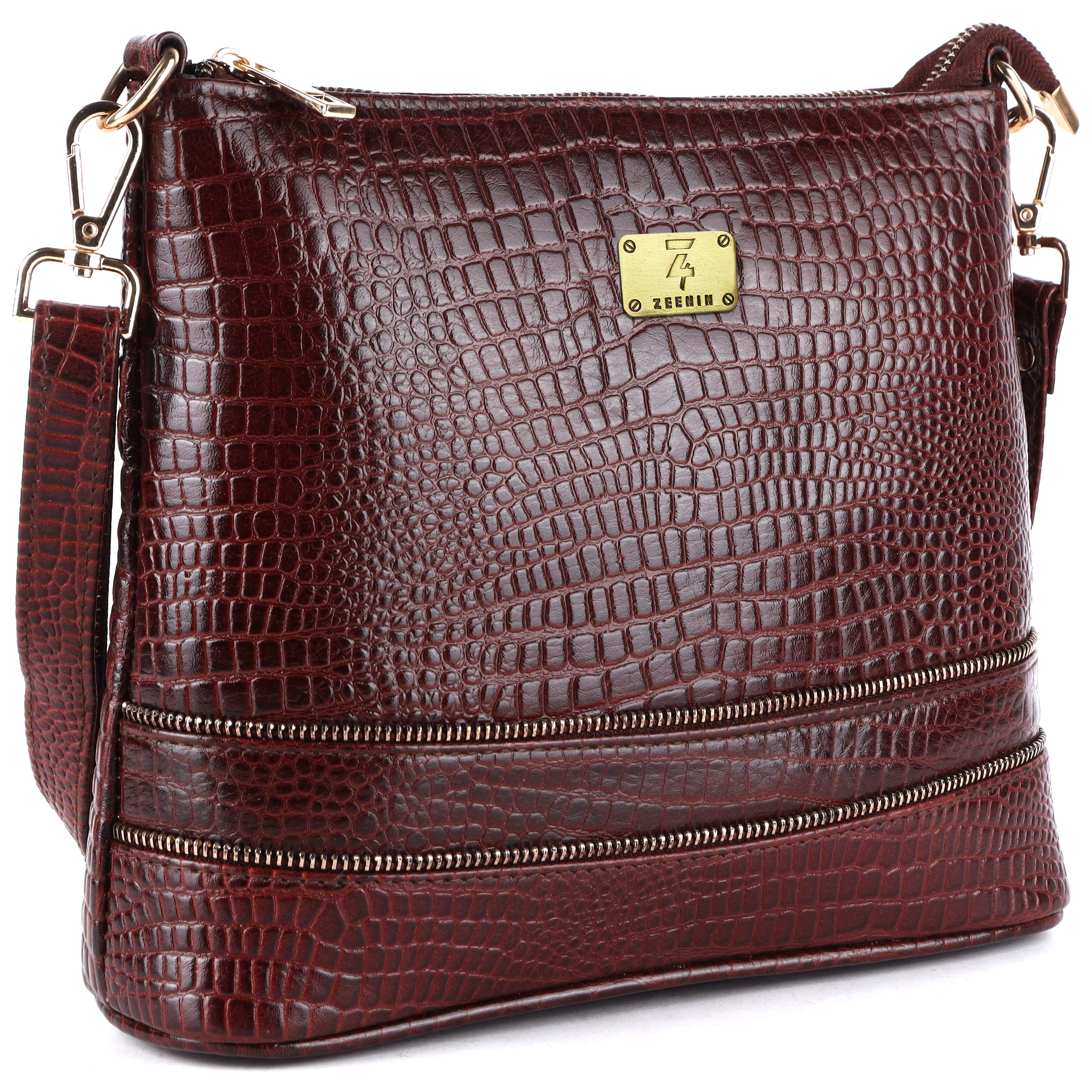 Zeenin Genuine Leather Crossbody Sling Messenger Slim Shoulder Purse Satchel Bag for Women & Girls | Golden Zipper | Medium Size | Brown