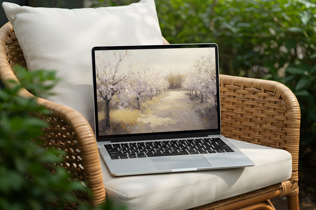 Orchard in Spring Brush Vintage Desktop Wallpaper — blooming orchard impressionist PC wallpaper