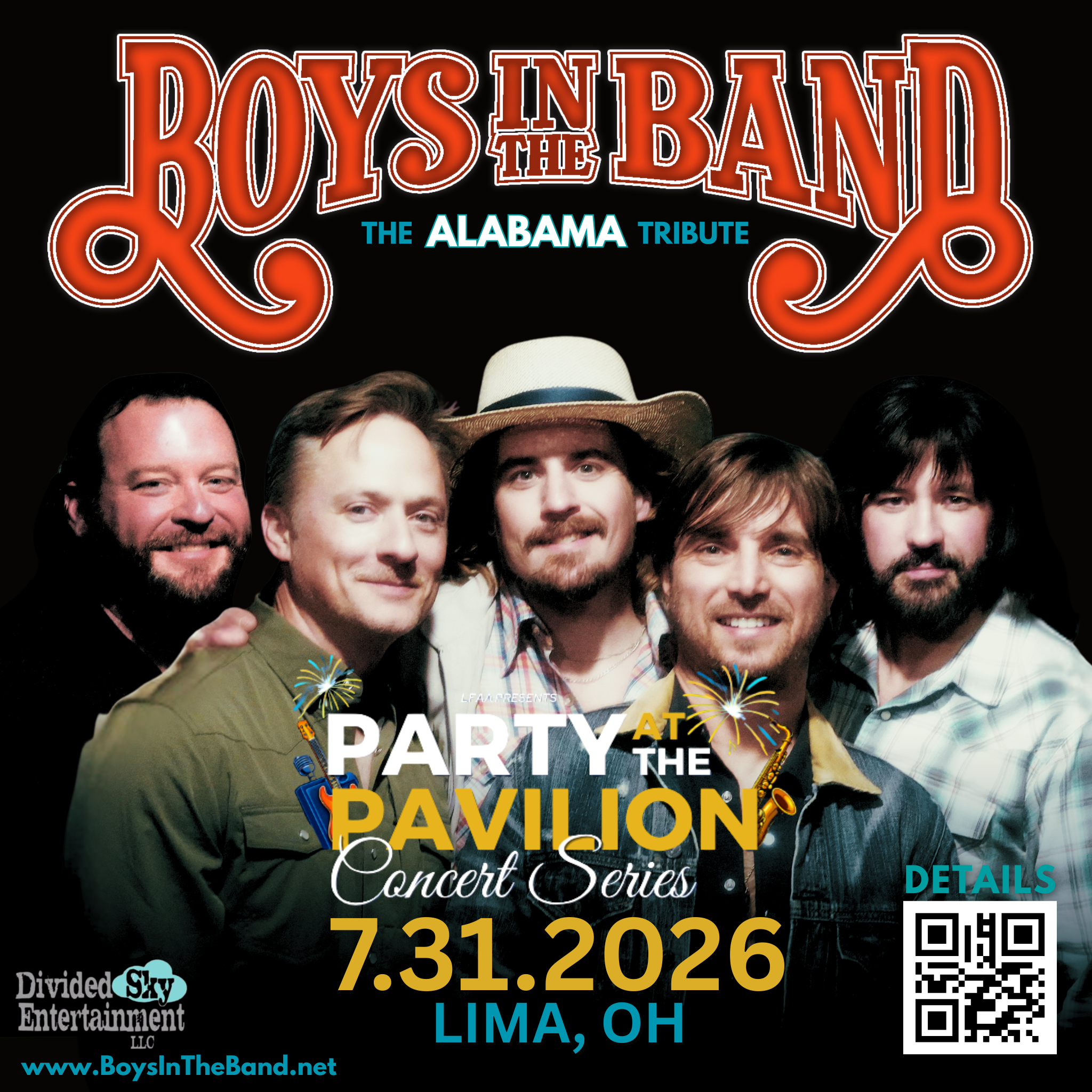 Summerfest just got hotter — Boys in the Band brings the undeniable spirit of Alabama to the Pangle Pavillion stage in Lima, Ohio for a straight-through, rain-or-shine night of country classics under the open sky. Expect wall-to-wall hits, a family-friendly atmosphere, and the kind of show that turns a Friday evening into a memory. Grab your tickets at lfaaevents.com before they're gone.