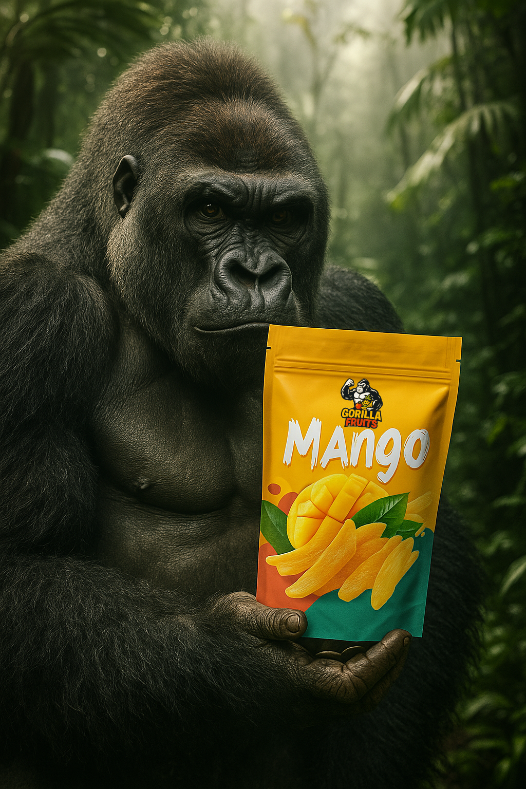 Goryl trzyma opakowanie mango