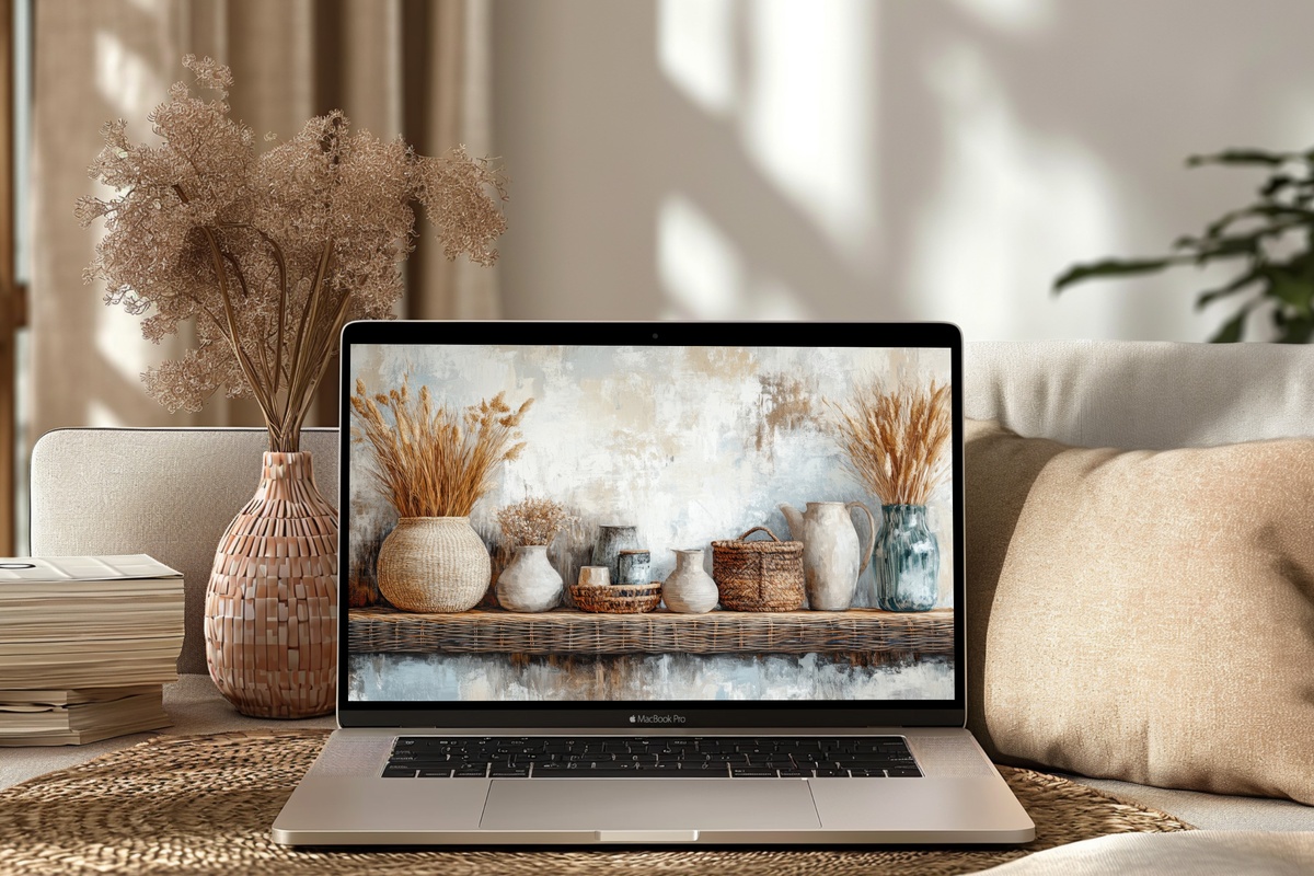 Rustic Rattan Harmony Boho Laptop Wallpaper with bohemian rattan shelf styling