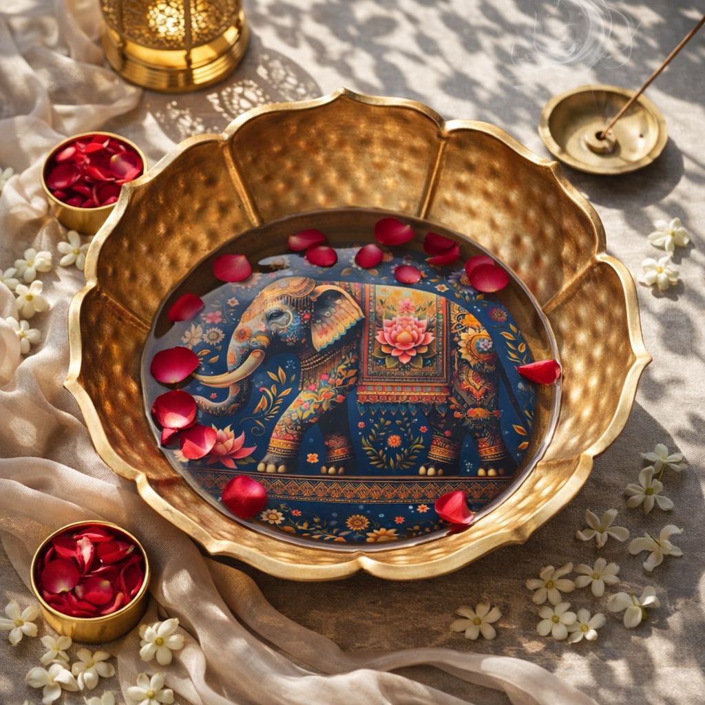 Hammered Golden Lotus Urli with Elephant