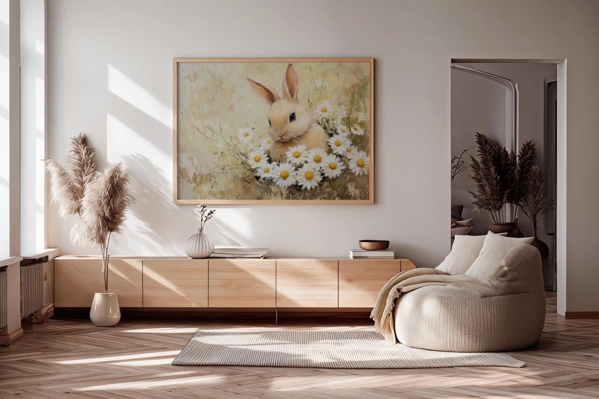 Daisy-Wreathed Bunny Charm Easter printable wall art with bunny wearing a daisy crown